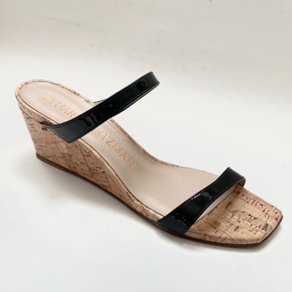 Stuart Weitzman Aleena 50 wedge Black patent leather sandals pumps mules 6.5 - Picture 9 of 13